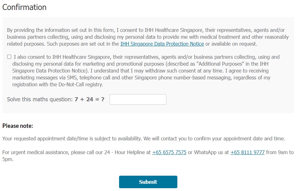 Gleneagles Hospital Singapore - Health Screening Packages Appointment Confirmation